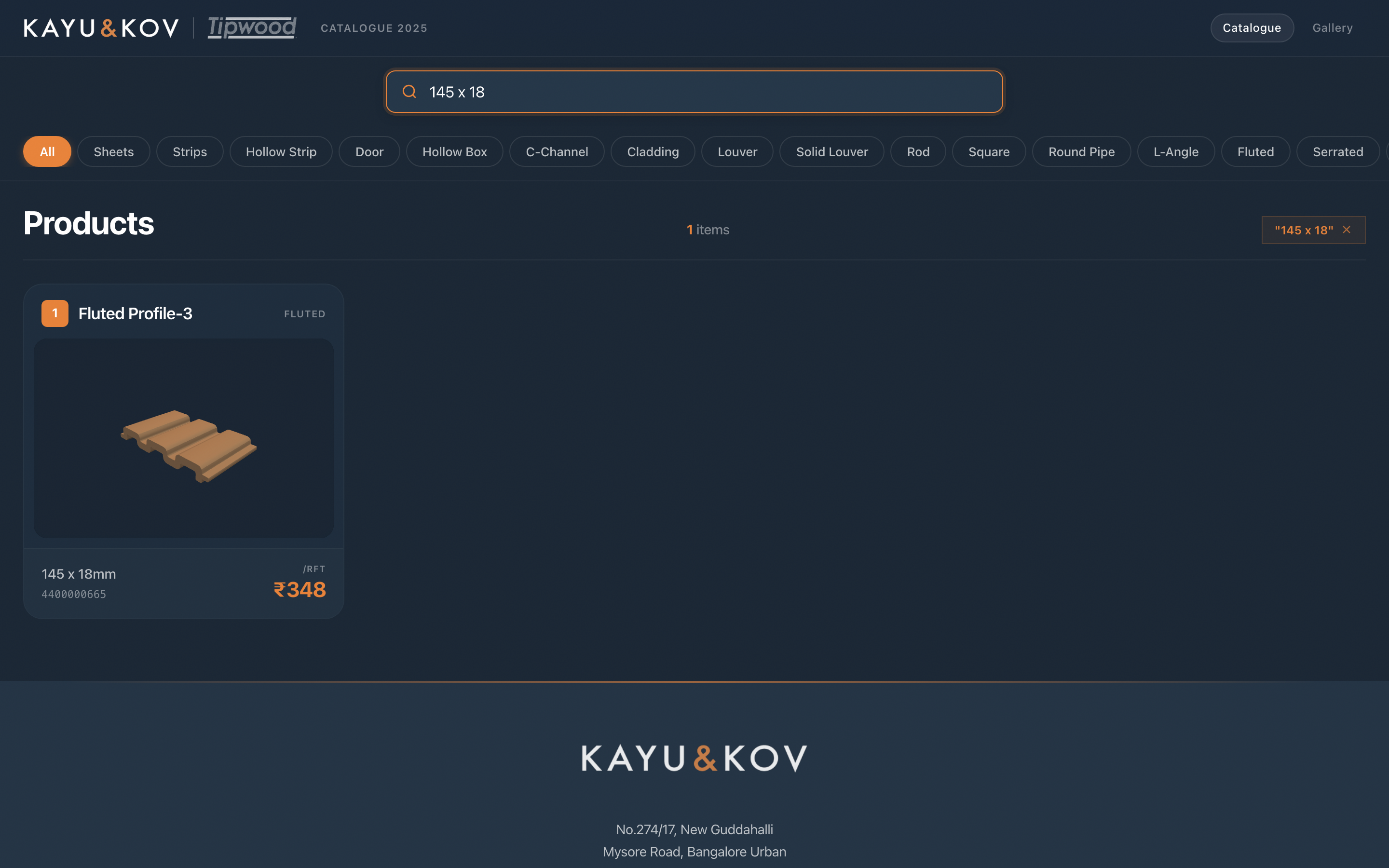 The catalogue with "145 x 18" typed into the search bar — 55 profiles narrowed down to a single Fluted Profile-3 result.